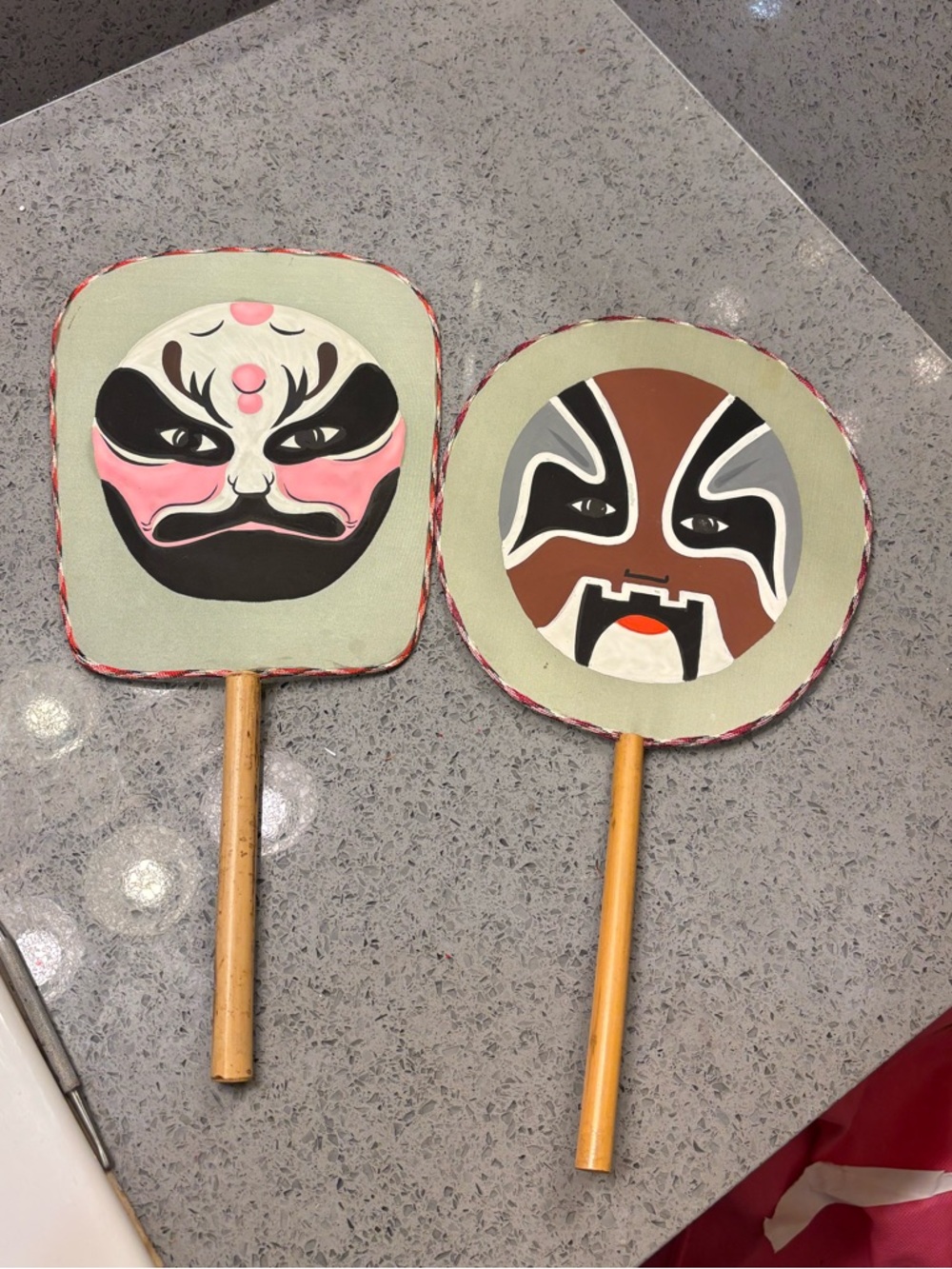 2 Vintage Oriental Hand Painted Fan / Mask. Rare Piece of International History